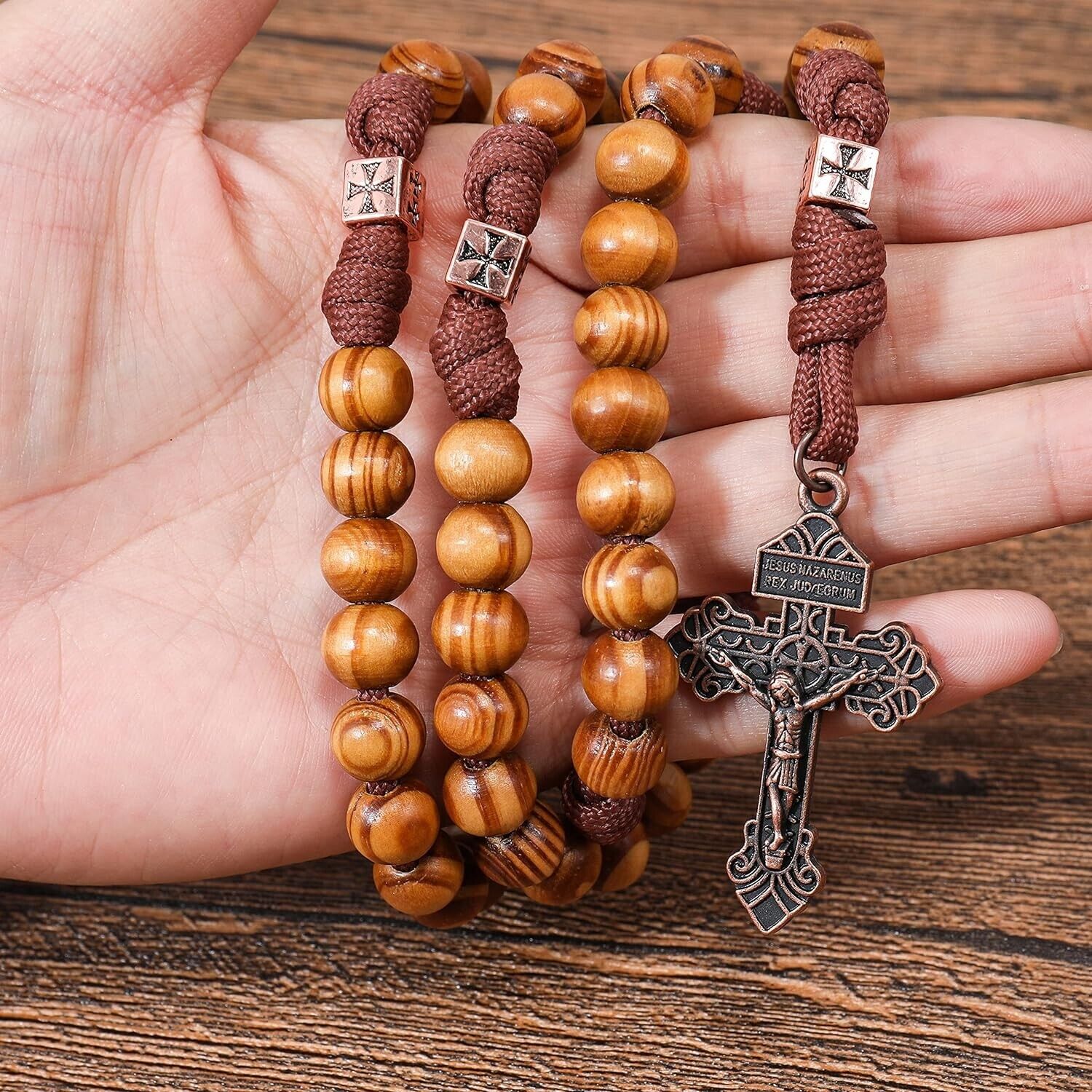 St. Michael Wooden Beads Paracord Rosary Necklace Pardon Jesus Crucifix