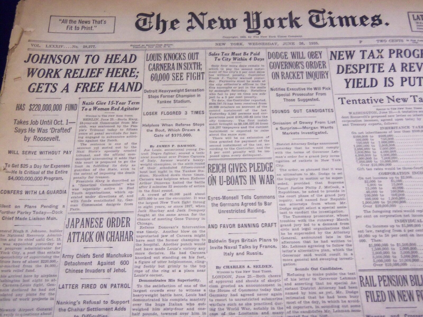 1935 JUNE 26 NEW YORK TIMES - LOUIS KNOCKS OUT CARNERA IN SIXTH - NT 1937