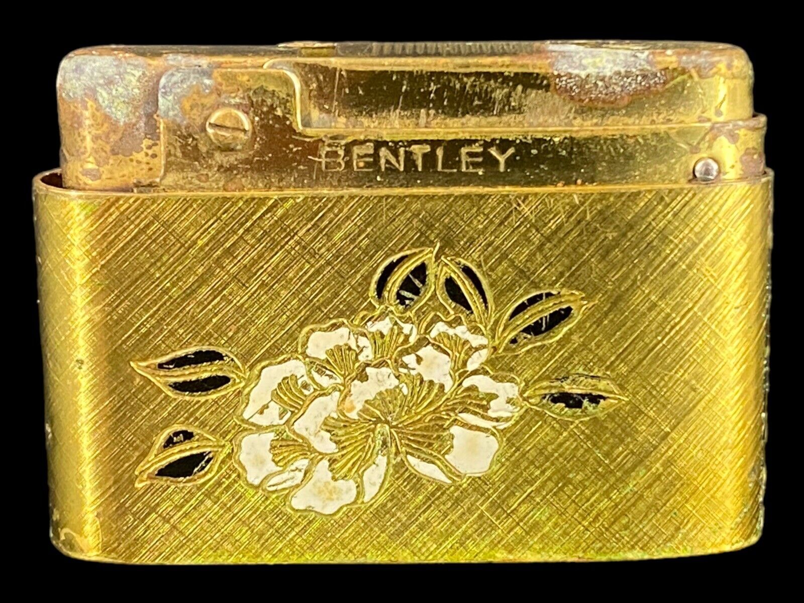 Vintage Bentley Austria Etched Gold Tone Lighter Enamel Flower Pattern