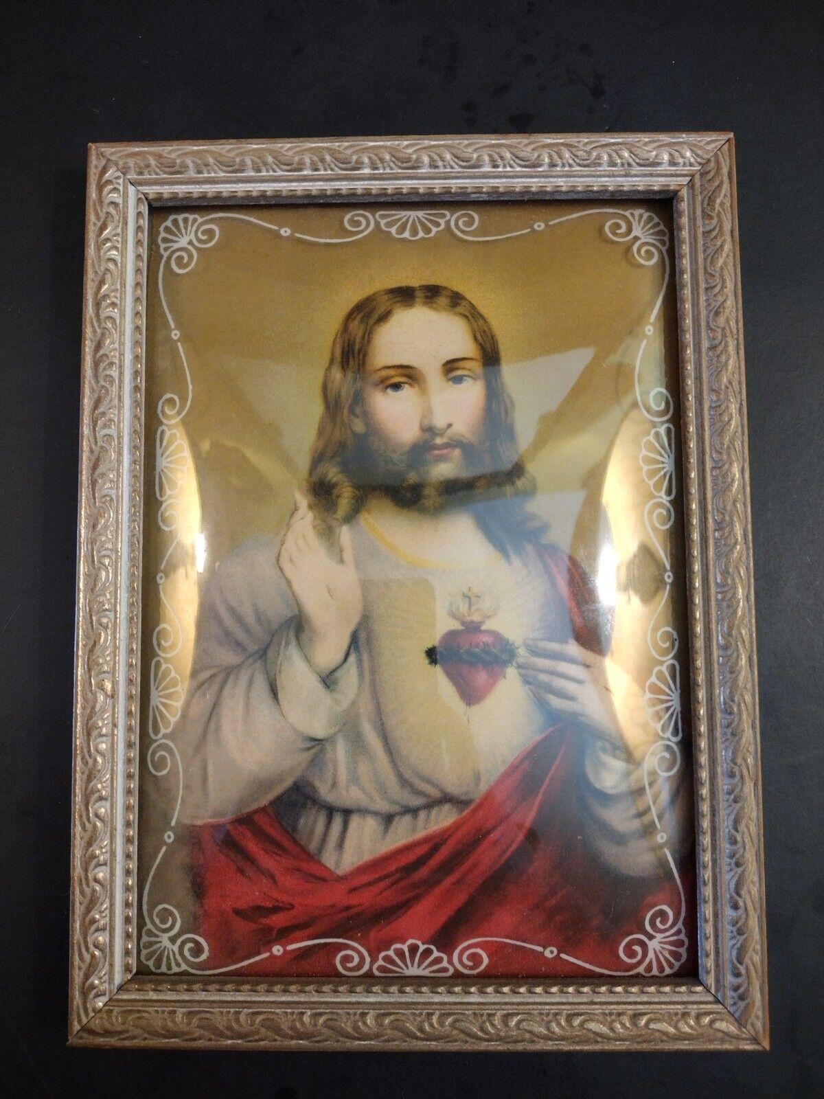 Vintage Jesus Sacred Heart Print Framed With Convex Glass