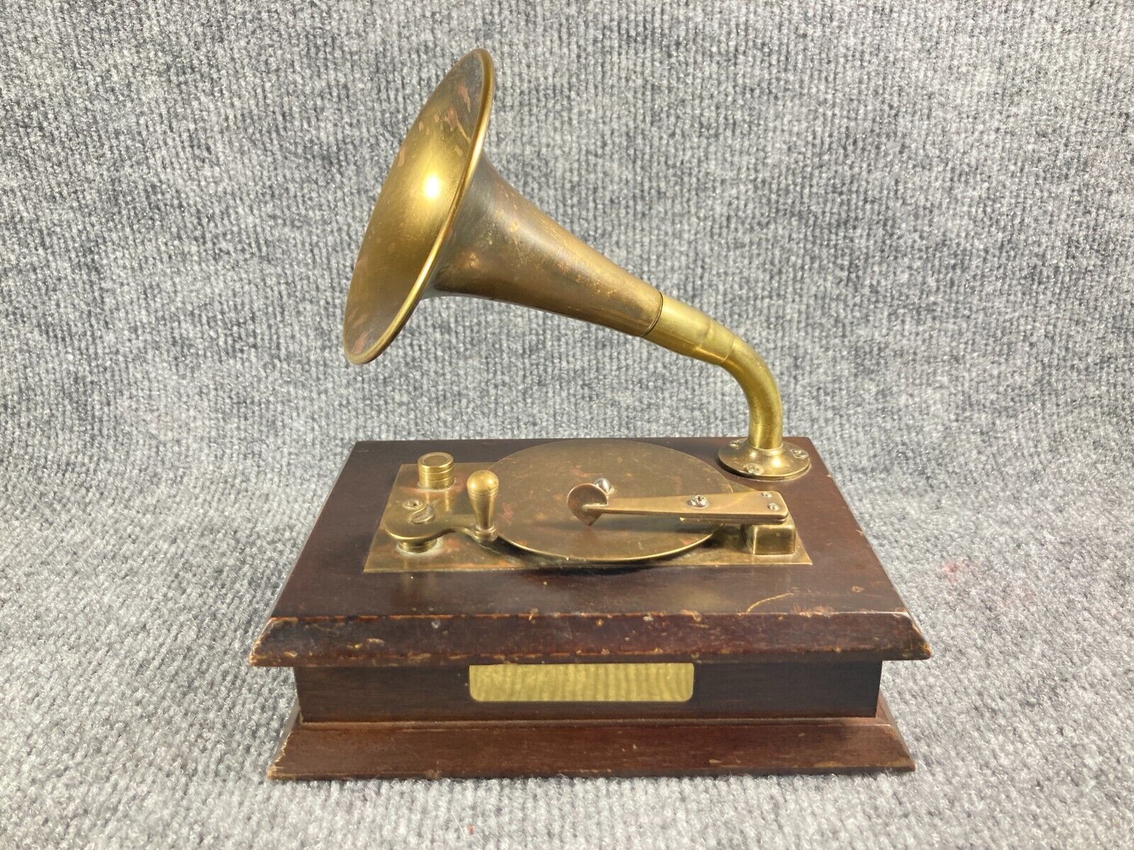 Vintage Brass Wood Gramaphone Music Box Plays \