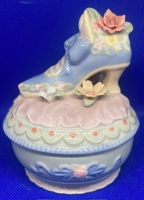 Vintage Avon Porcelain Victorian Shoe Pink Roses Music Trinket Box (See Video)