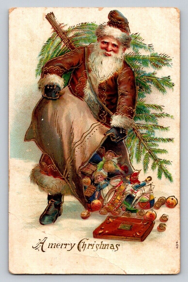 c1905 Old World Brown Robe Santa Claus Empties Toys Gilt Embossed P39