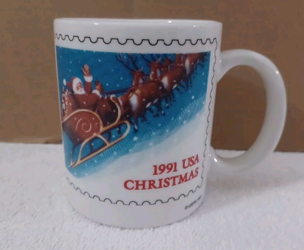 VINTAGE 1991 USA CHRISTMAS USPS WHITE COFFEE MUG 