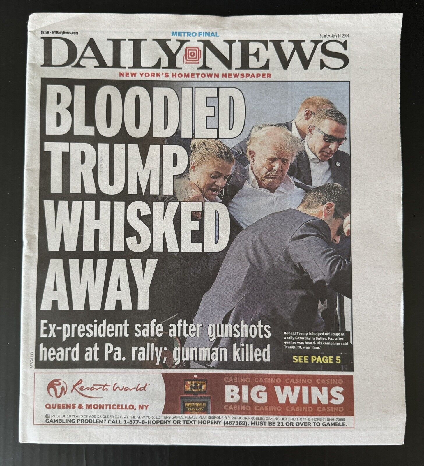 Donald Trump Survives Assassination Attempt Rally Daily News Newspaper 7/14/2024