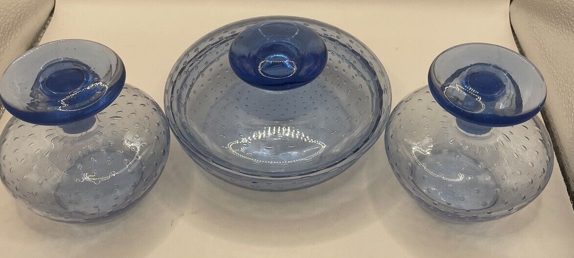 Vintage Czechoslovakia Blue, Controlled Bubble Glass, Vanity Set