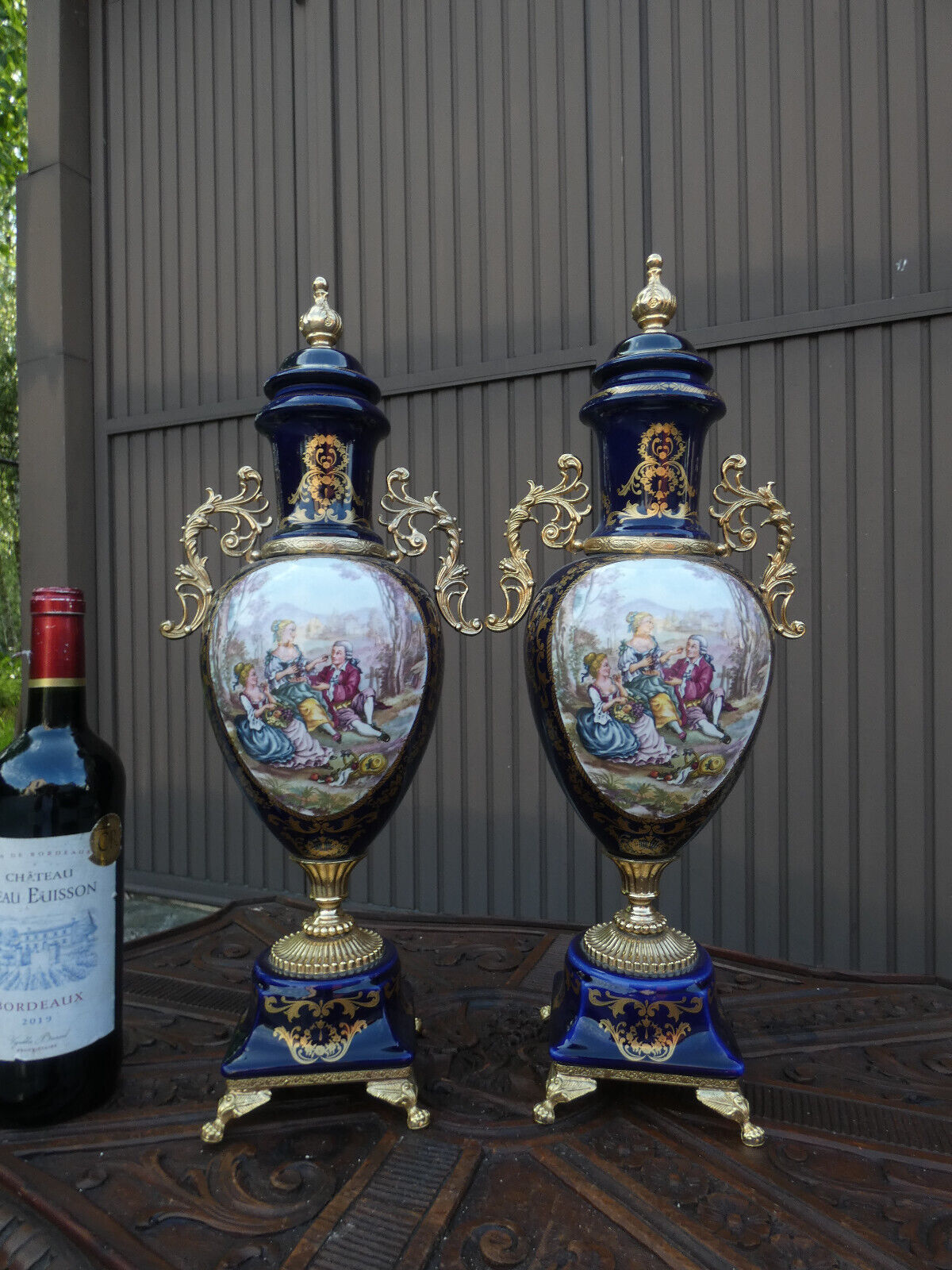 PAIR large cobalt blue porcelain victorian decor vases marked