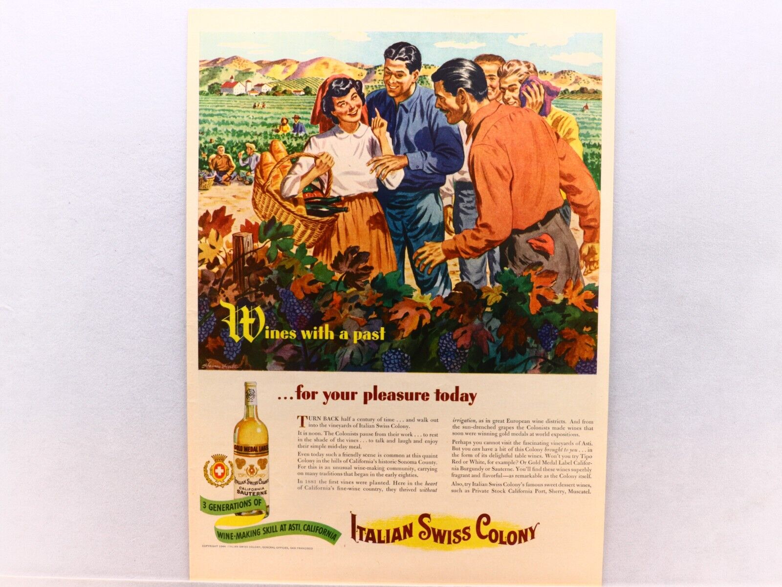 Italian Swiss Colony Wine 1949 Ad, Artist Haines Hall, Wine Grape Harvest.