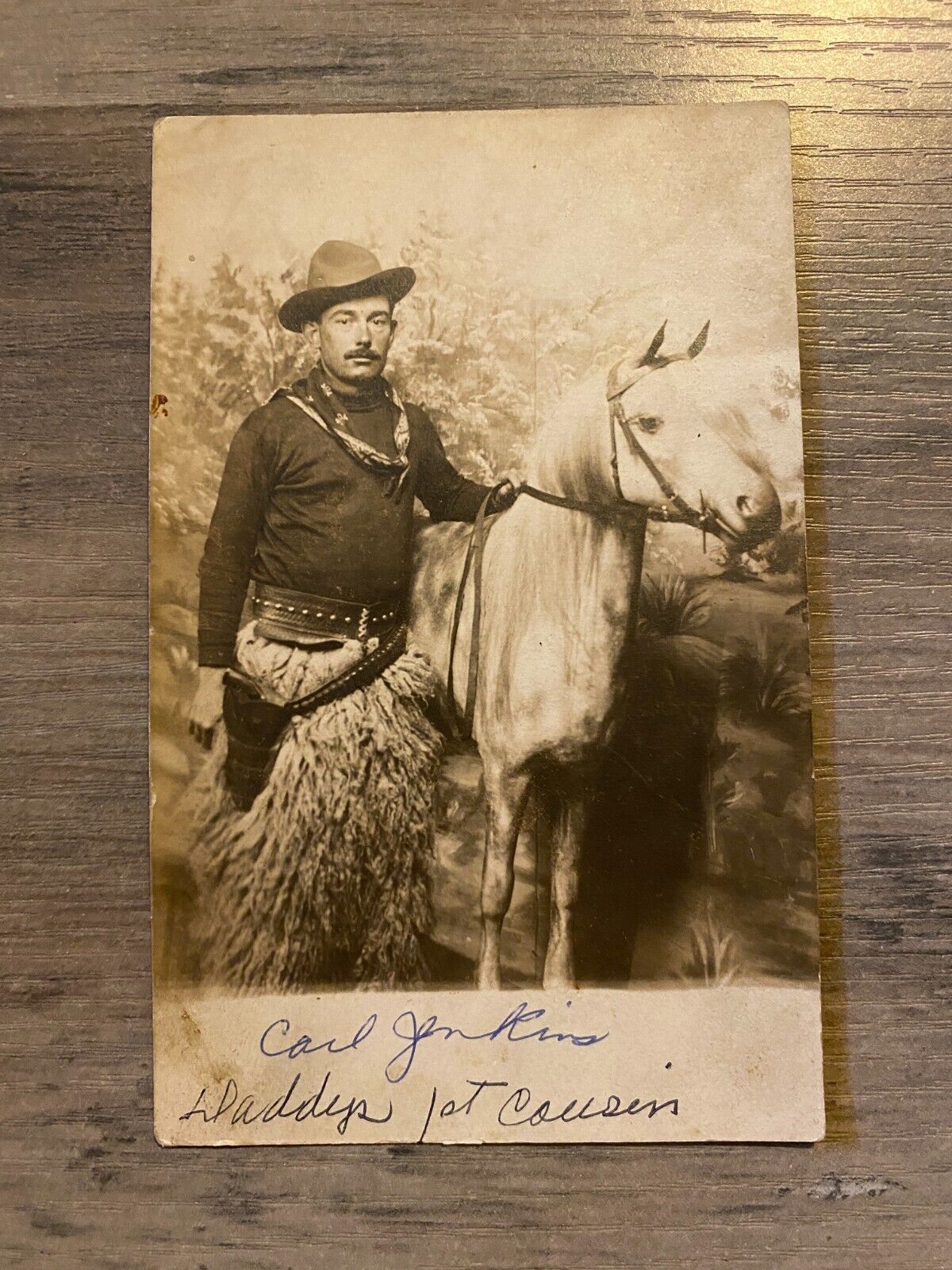 Real Photo RPPC Postcard Cowboy Gun Holster Fake Stuffed Horse Chaps