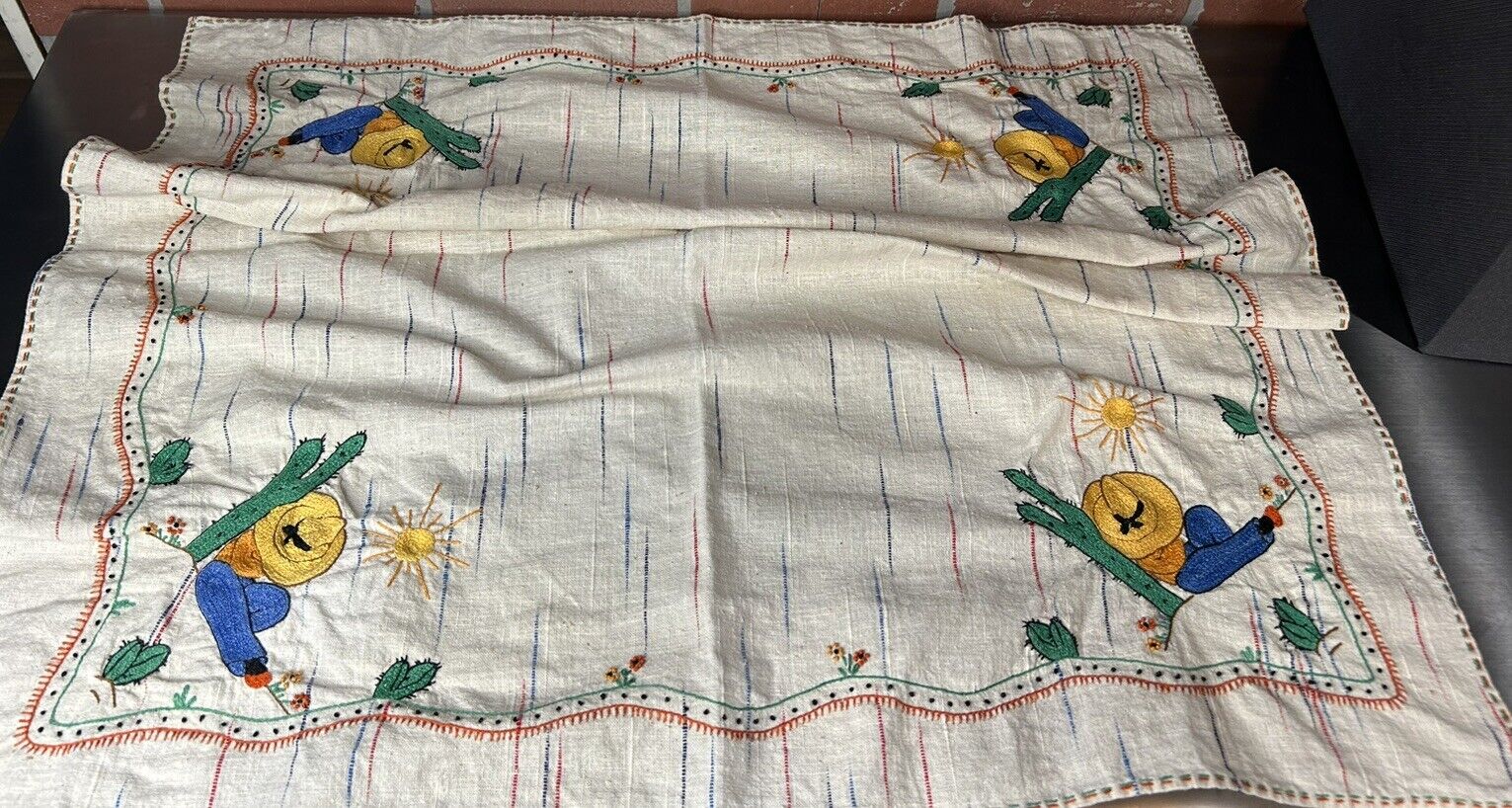 Embroidered Tablecloth Napkin Handmade Southwest Small Square 30” Cacti Sombrero