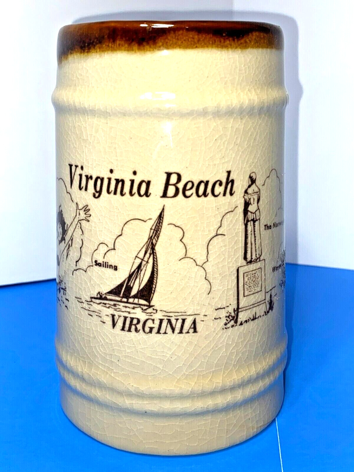 NANCO Vintage Ceramic Virginia Beach Stein Mug Old Cape Henry Lighthouse Sail 6