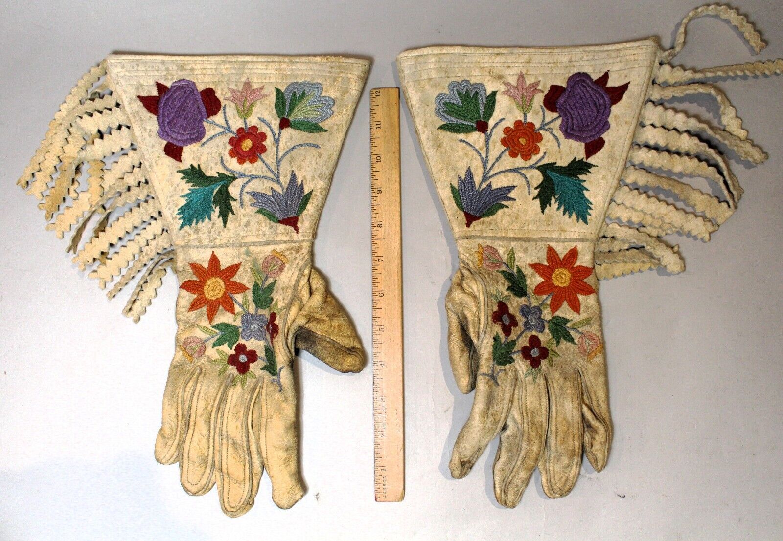 Pair Vintage Great Lakes Chippewa Indian Embroidered Gauntlets with Fringe Work