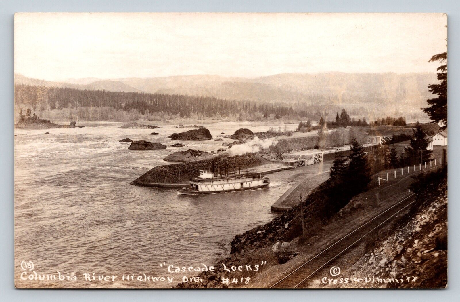 RPPC CASCADE LOCKS Columbia River Hwy OREGON Riverboat VTG Postcard AZO 1925-40s