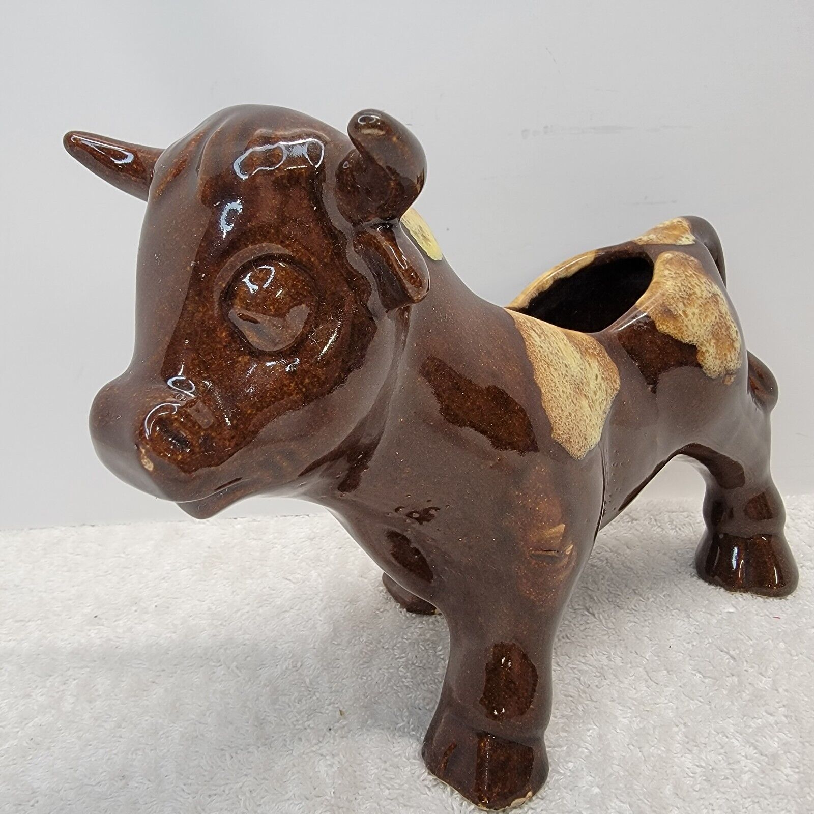 Vintage MCM Brown Ceramic Longhorn Brown Bull Steer Cow Planter 9\