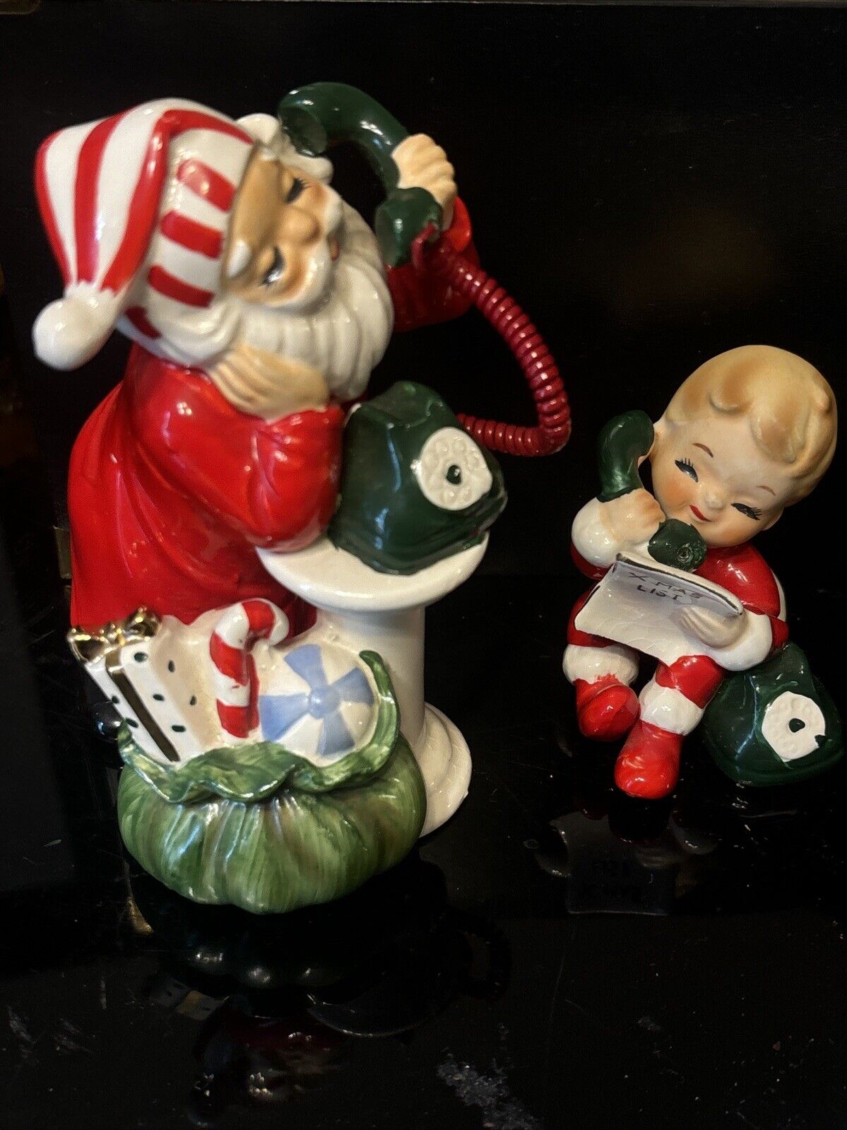 Vintage Josef Originals Christmas Santa Talking to Little Boy on Phone Figurines