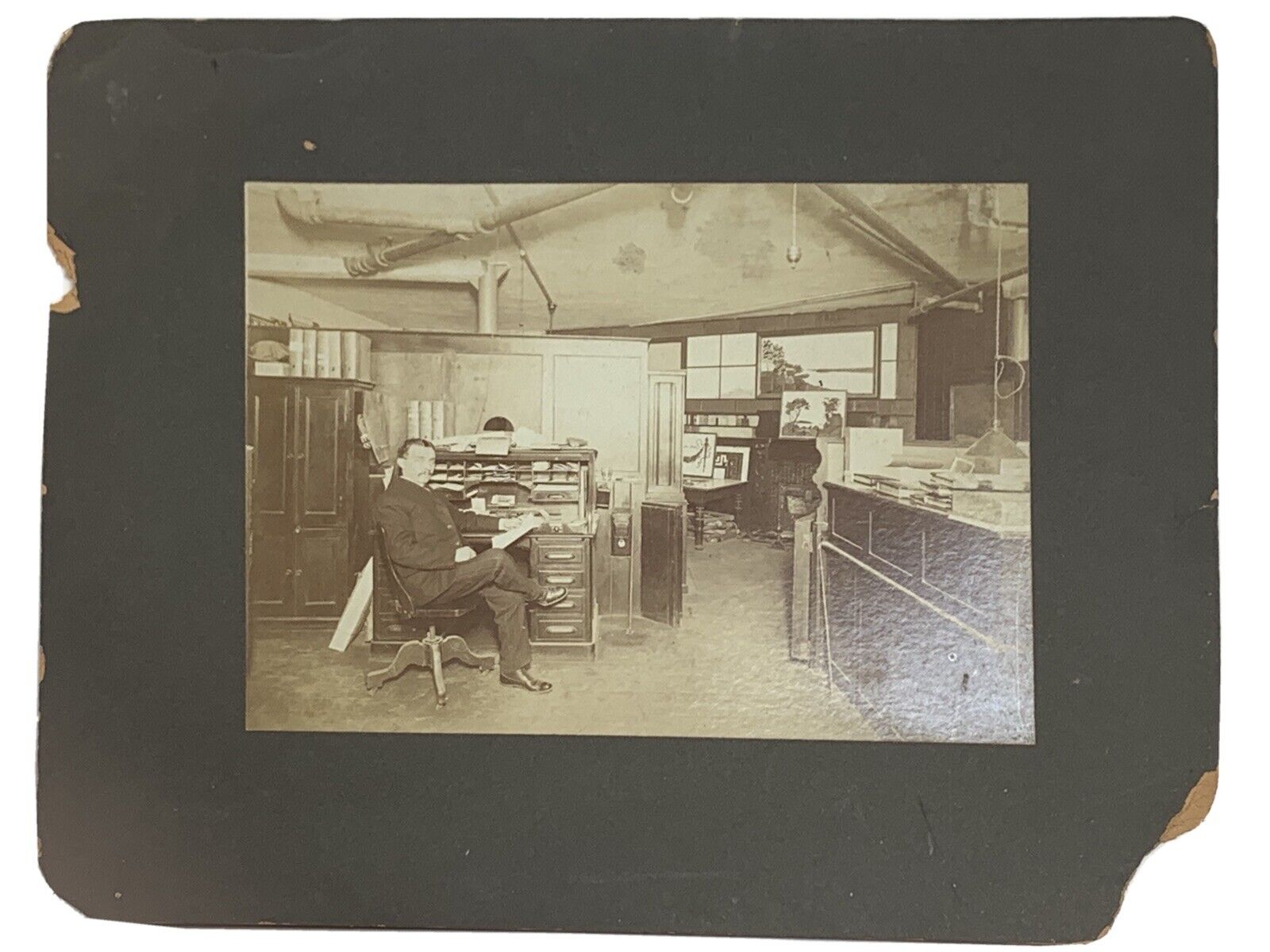 Antique Photo Interior View Man Working Office c. 1920s