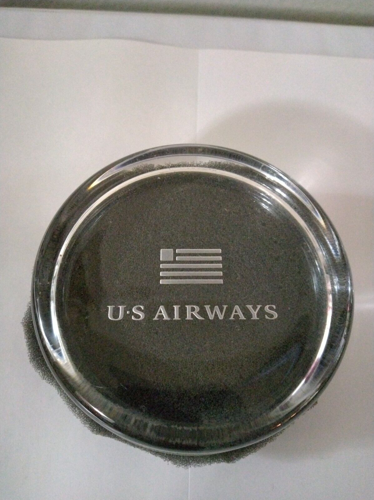 US Airways Clear Glass Vintage Crystal Paperweight w/ Flag Logo 3 1/2\