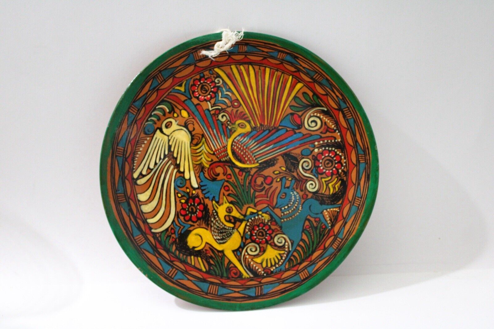 Hand Painted Vibrant Mexican Folk Art Terracotta Decorative Plate Wall Hanging