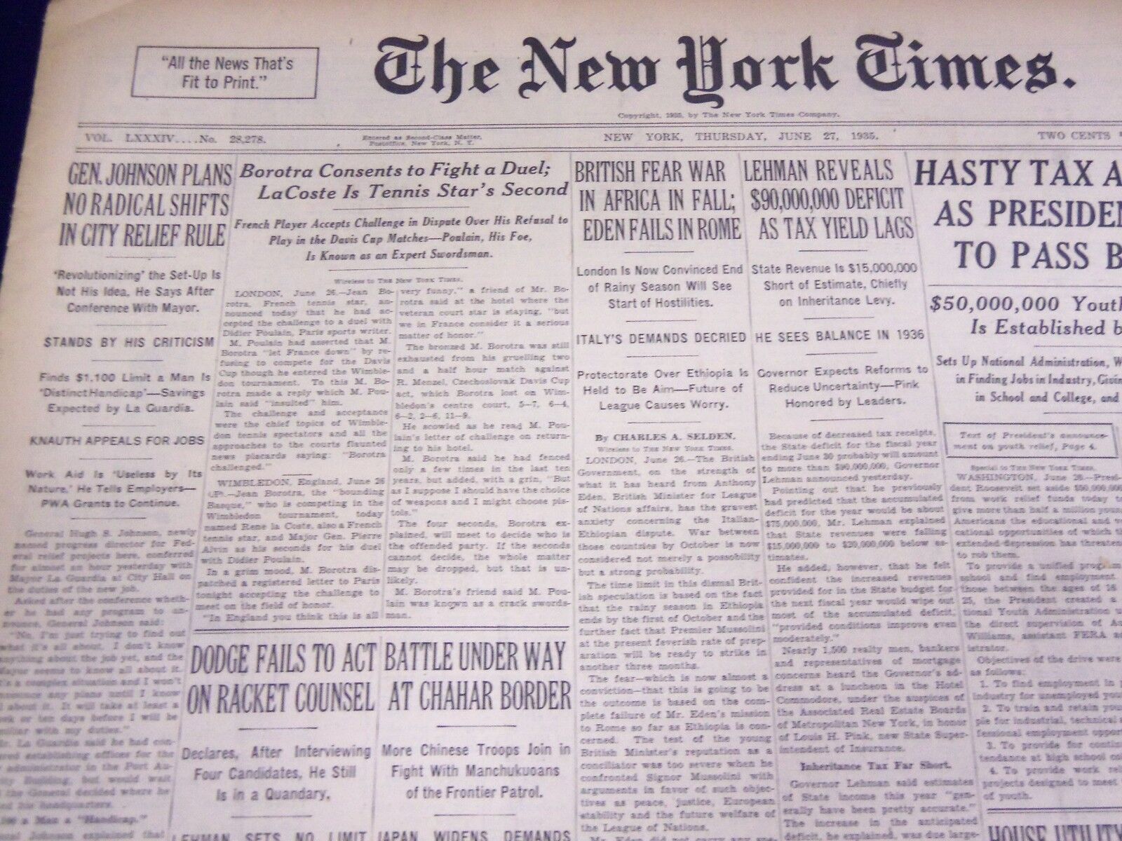 1935 JUNE 27 NEW YORK TIMES - BOROTRA CONSENTS TO DUEL - NT 3815