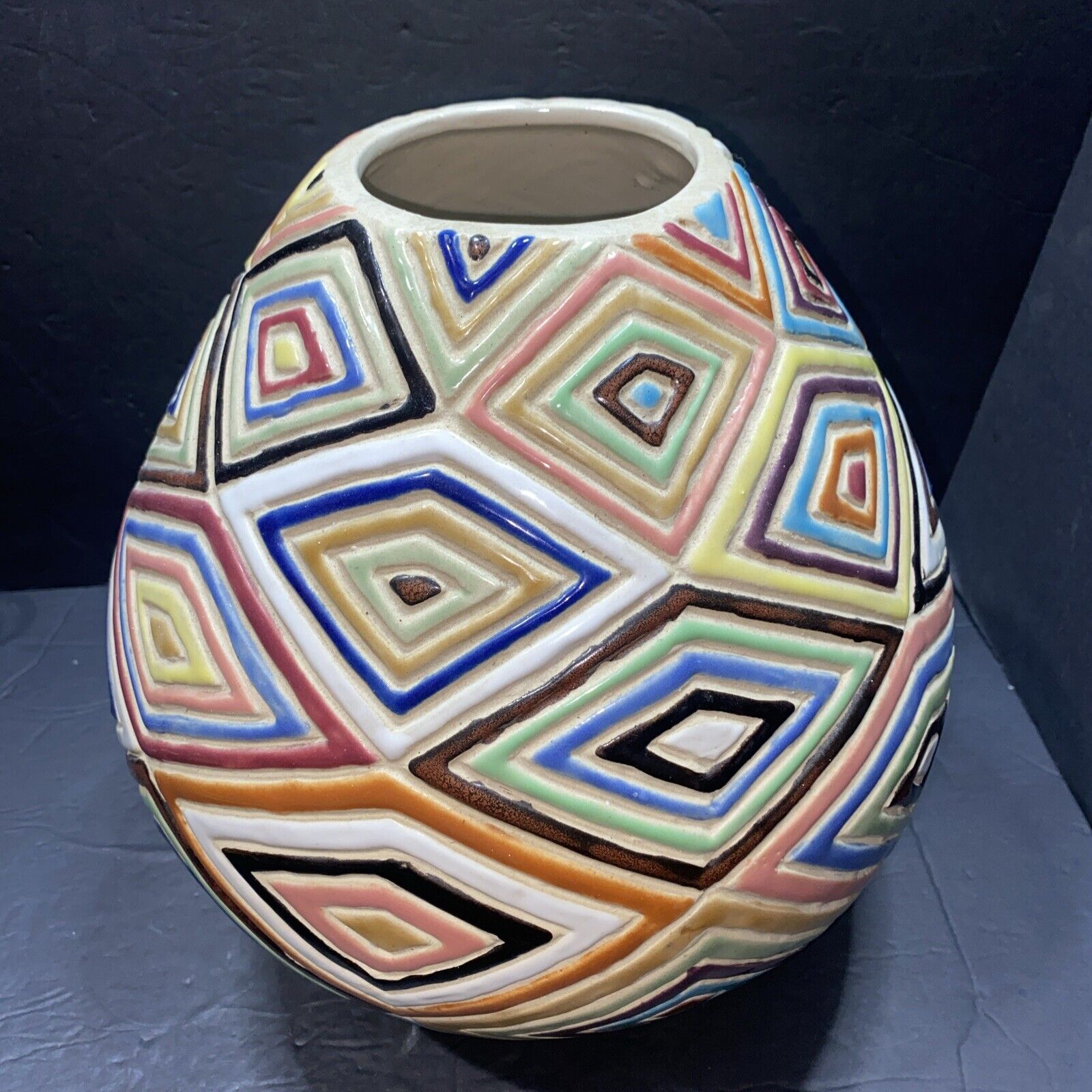 Vintage MCM 12” Colorful Geometric Patterns Ceramic Vase