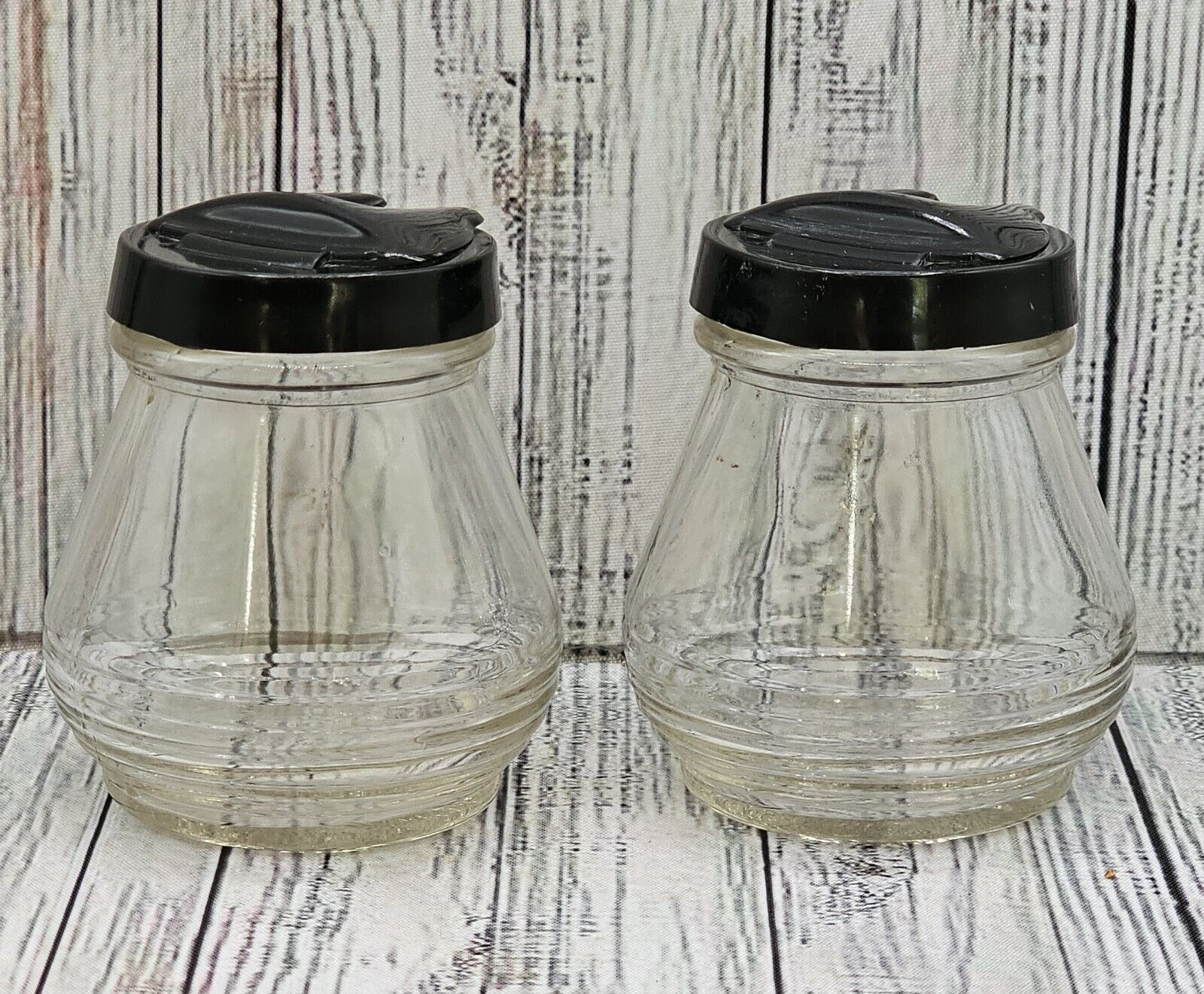 Vintage Federal Tool Corp. Sugar or Creamer Jars with Black Plastic Lid set of 2