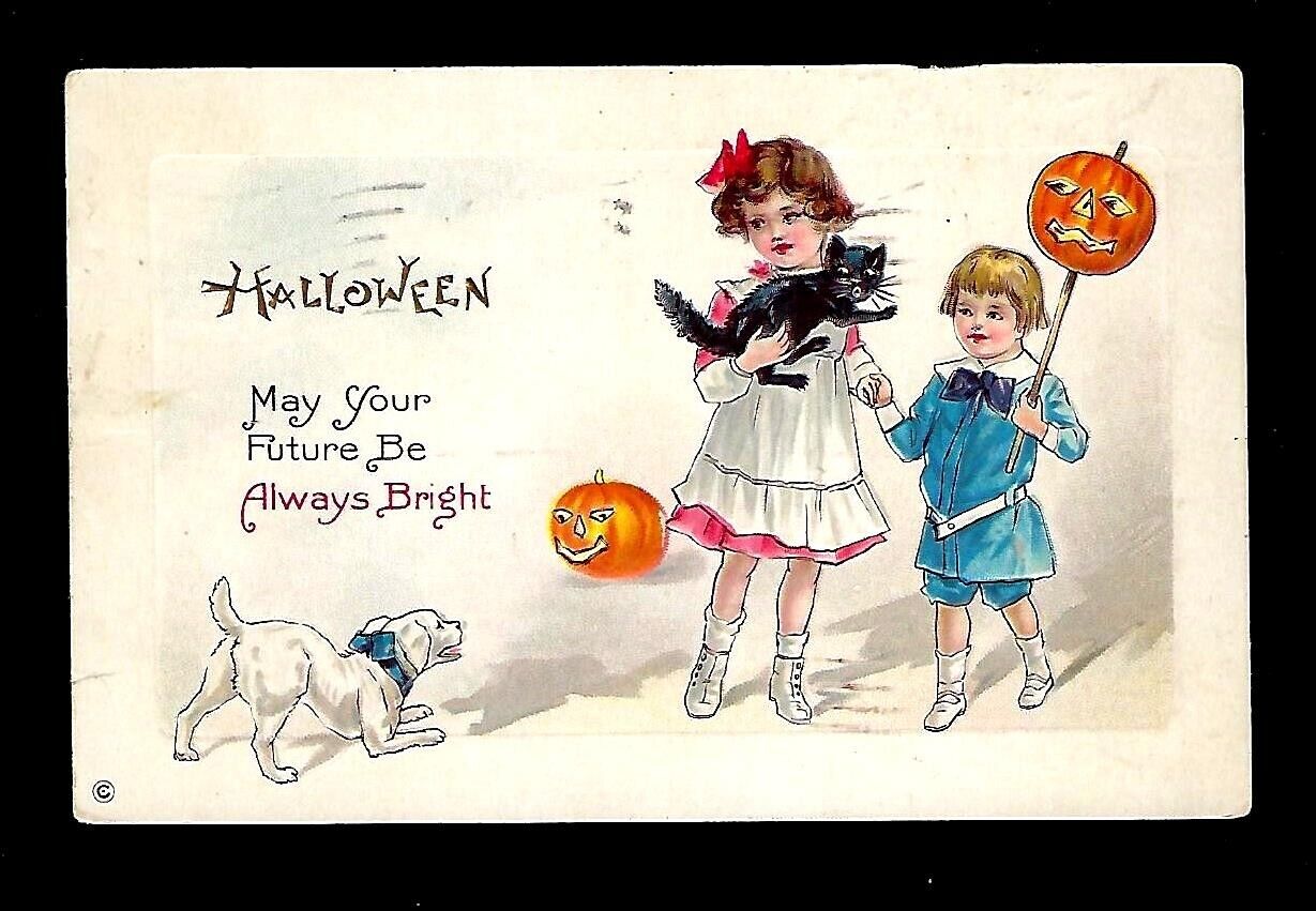 c1913 Halloween Postcard Children Playing Pumpkin Dog/Cat Embossed