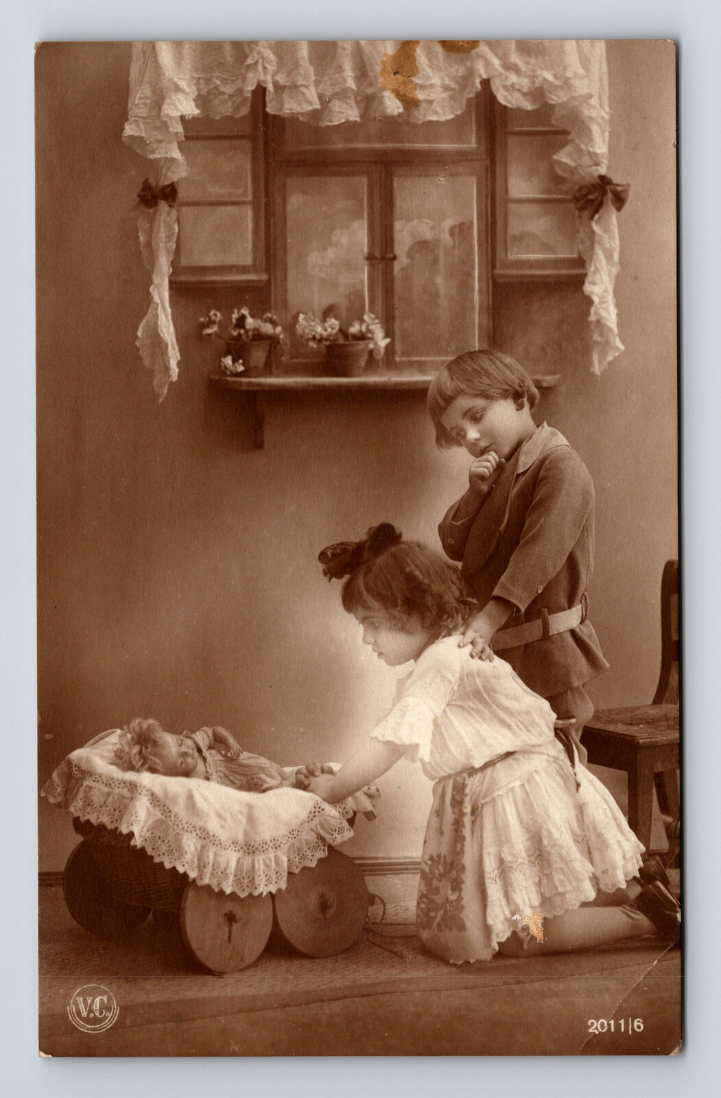 RPPC Big Brother & Sister Role Play With Baby Doll Real Photo Postcard