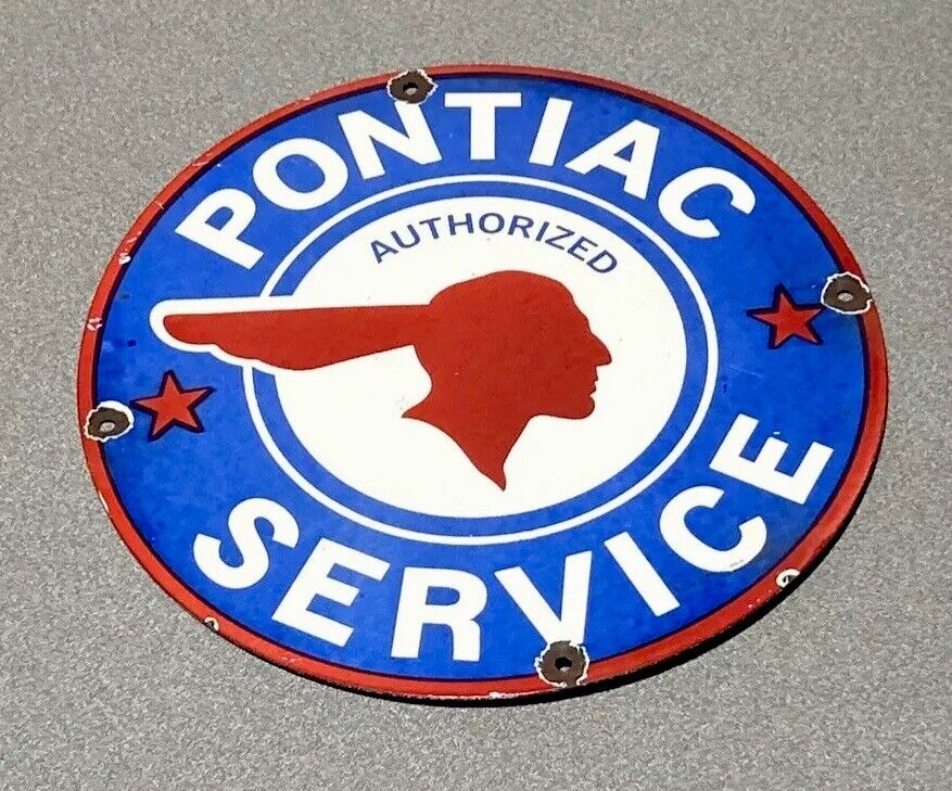 VINTAGE 12” PONTIAC SALES SERVICE DEALER MOTOR OIL PORCELAIN SIGN CAR GAS