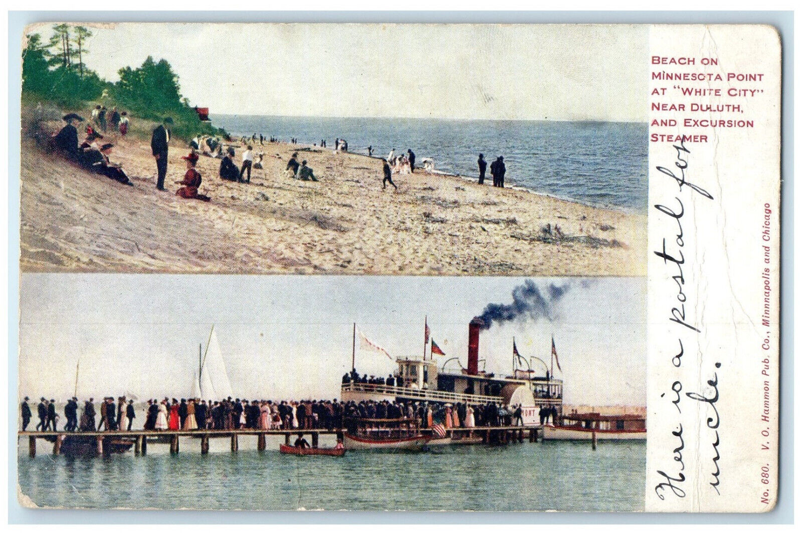 c1910 Beach on Minnesota Point at White City Duluth Excursion Steamer Postcard