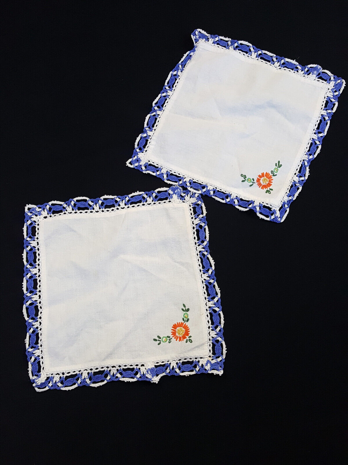Lot of 2 Vintage Embroidered Crochet Lace Blue White Square Table Decor