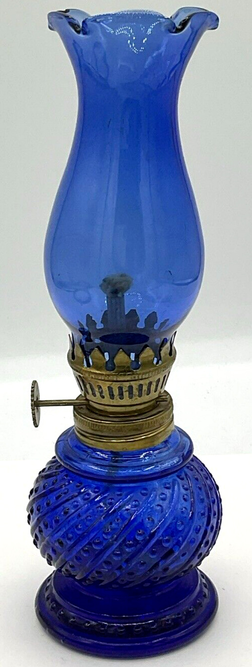 Vintage Small 8” Cobalt Blue Beaded Glass Oil Lamp Matching Chimney Unused