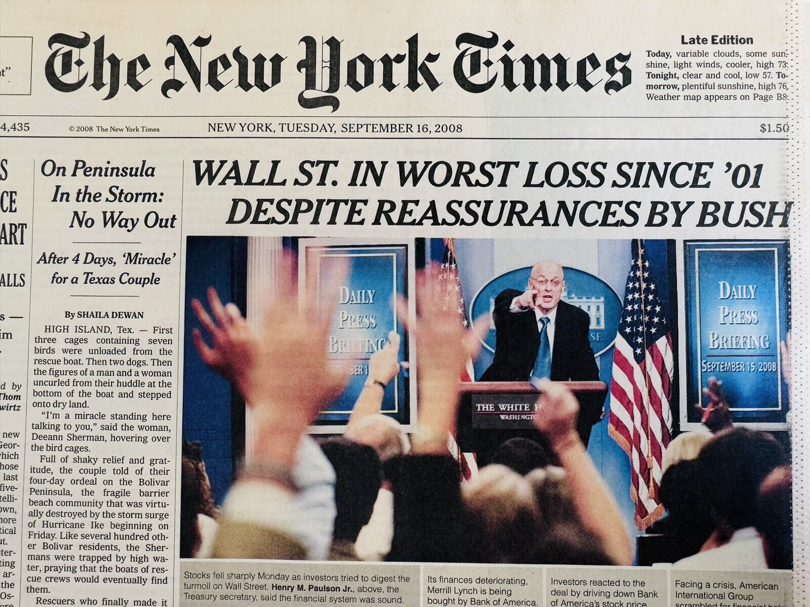 New York Times Newspaper September 16, 2008 Market Crash