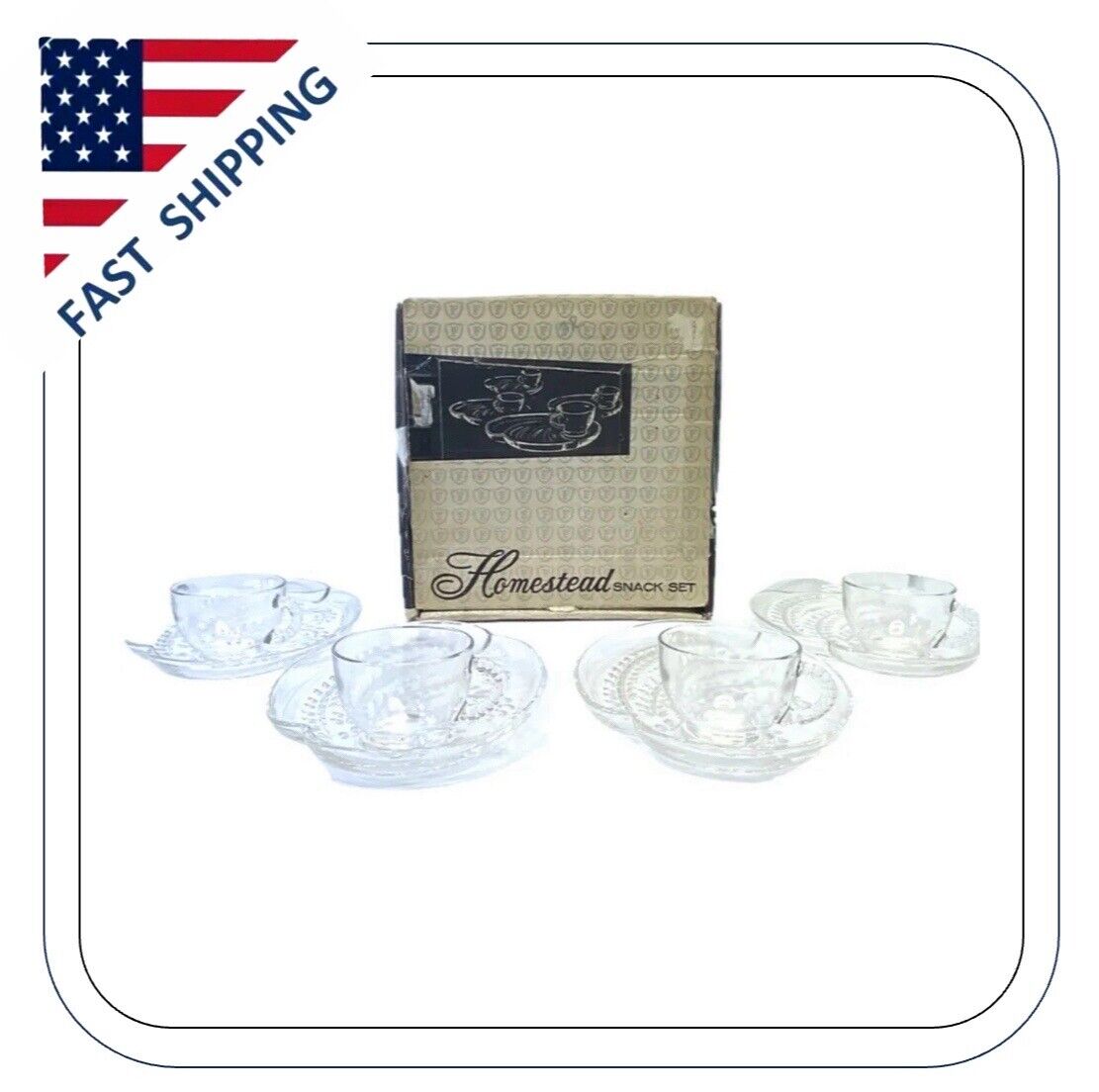Federal Glass Co. Vintage 1950\'s Homestead Snack Set 4 Cups & Plates w/ box