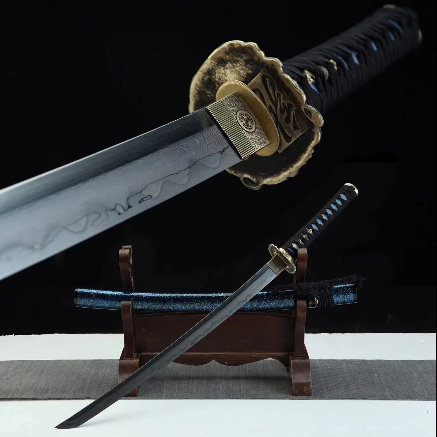 30'' Blue Wakizashi Clay Tempered Folded Damascus Steel Japanese Samurai Sword