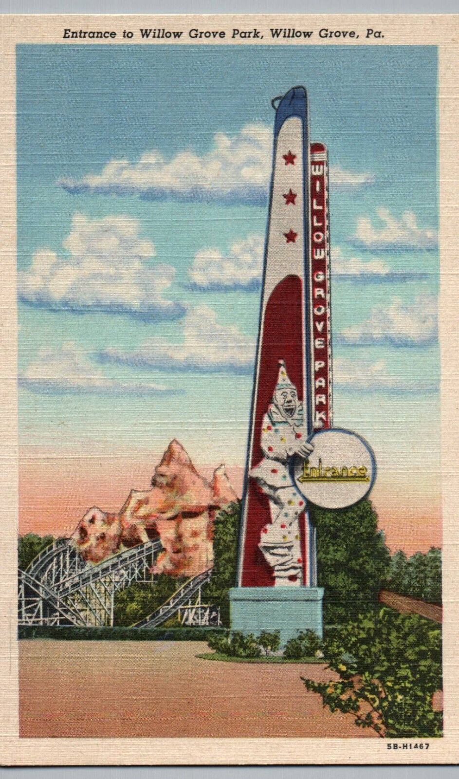 Willow Grove PA Entrance Park Pennsylvania Postcard Sign Clown Roller Coaster