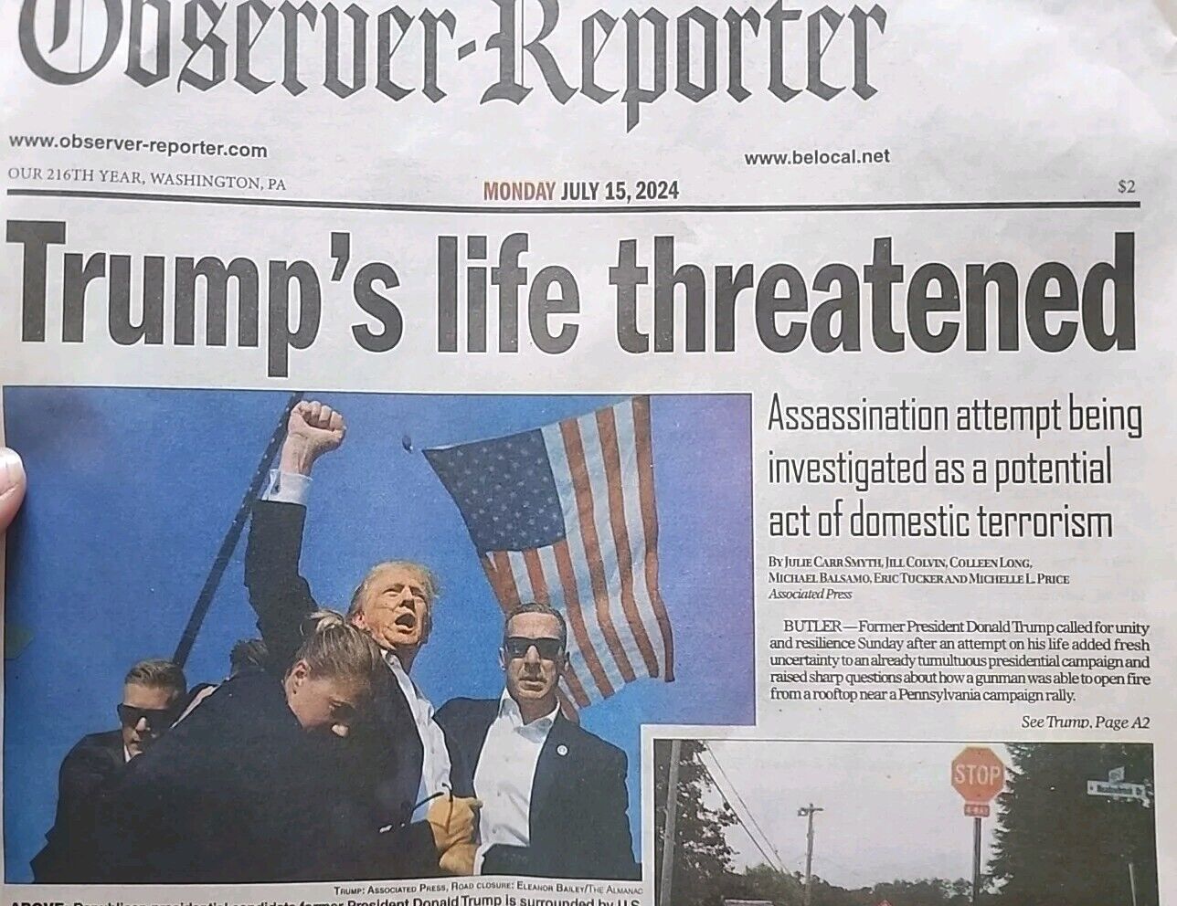 Trump Assasination Attempt Newspaper From Pennsylvania Near Butler History Media