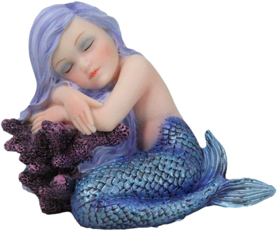 Ebros under the Sea Blue Child Mermaid Sleeping on Coral Statue Enchansia Mergir