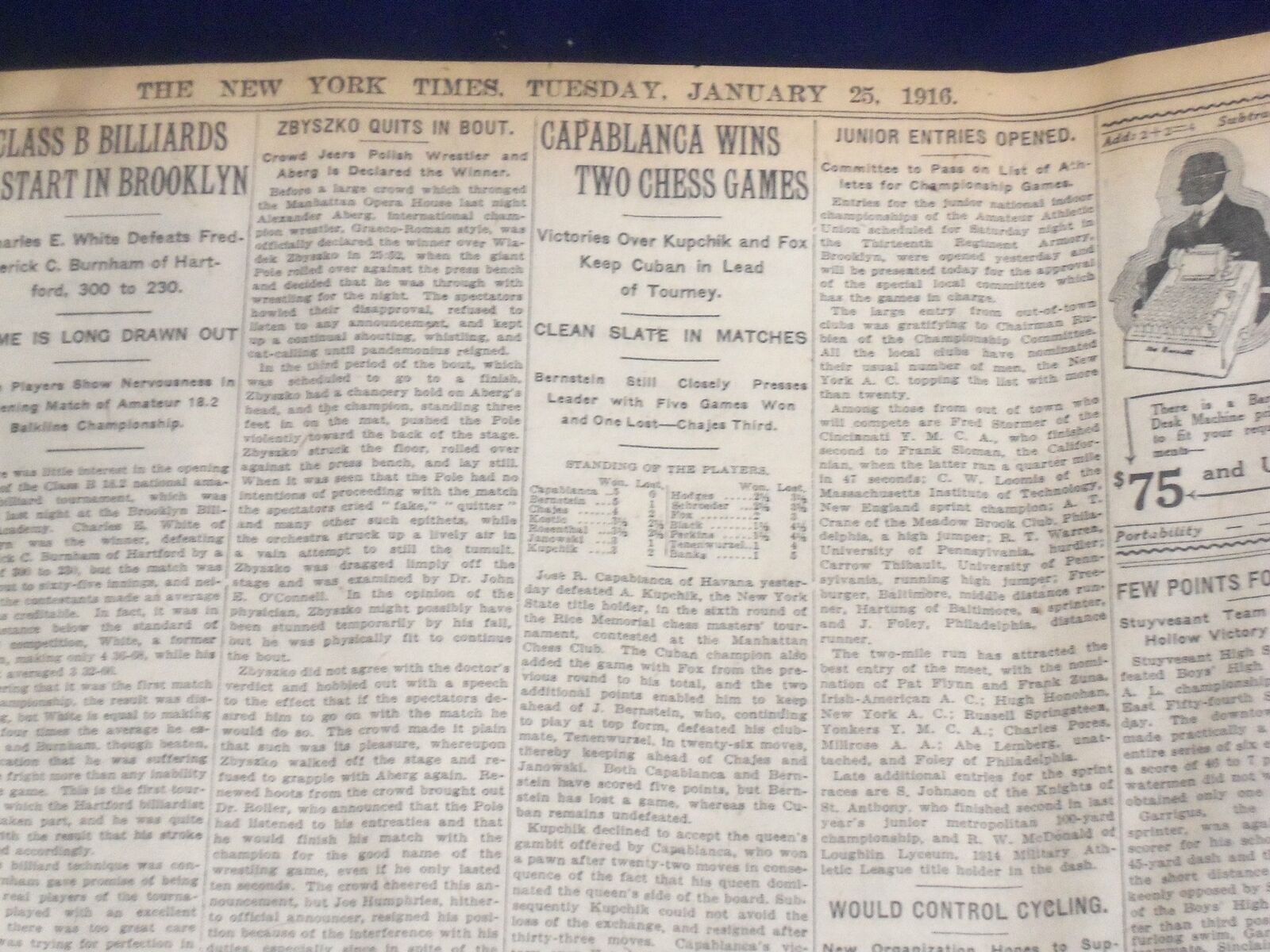 1916 JANUARY 25 NEW YORK TIMES - CAPABLANCEA WINS TWO CHESS GAMES - NT 9066