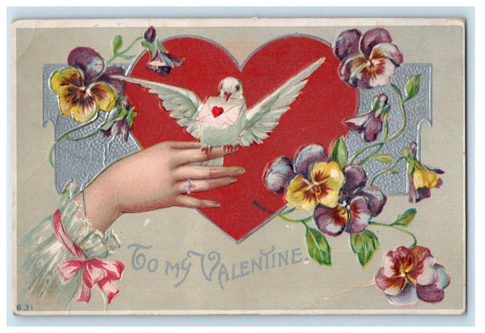 c1910's Valentine Big Heart Flowers Dove Bird Embossed Unposted Antique Postcard