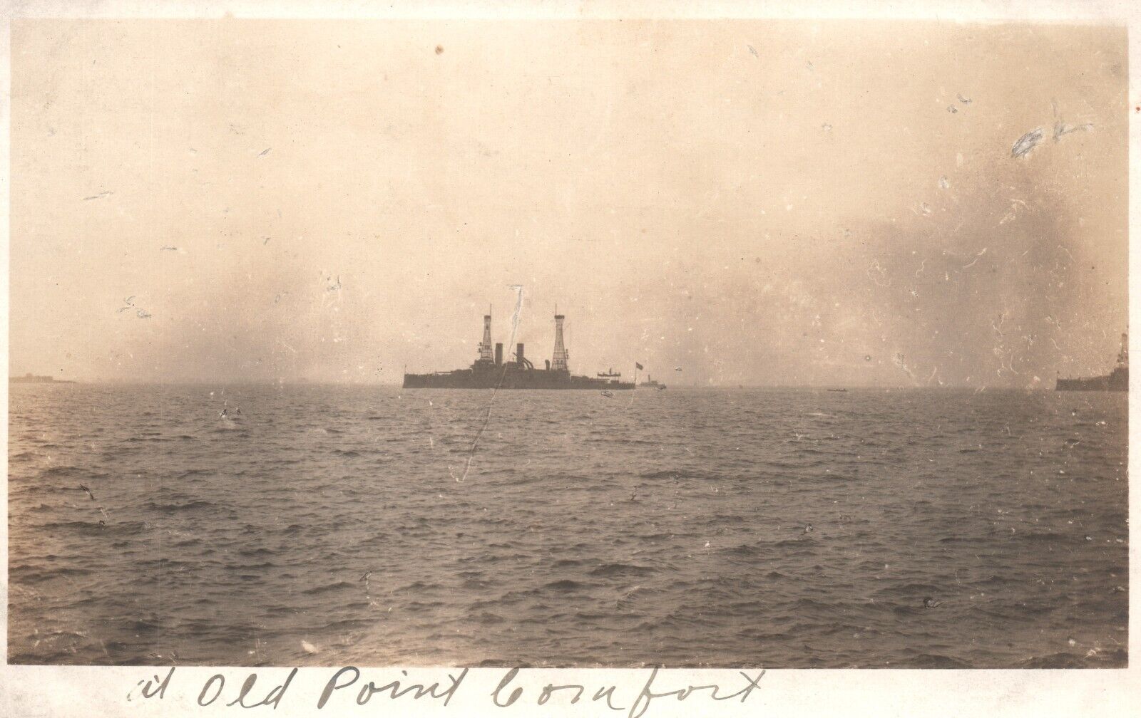 Postcard Real Photo Battleships Sailing in Water at Old Point Comfort RPPC