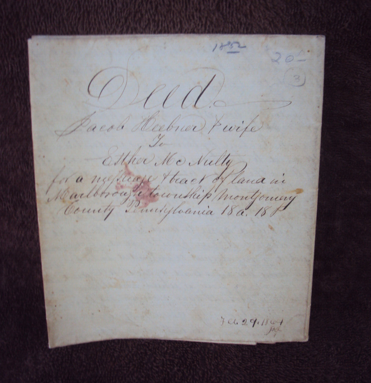 Deed Marlborough Montgomery Co PA  1852 Jacob Heebner to Ester McNulty