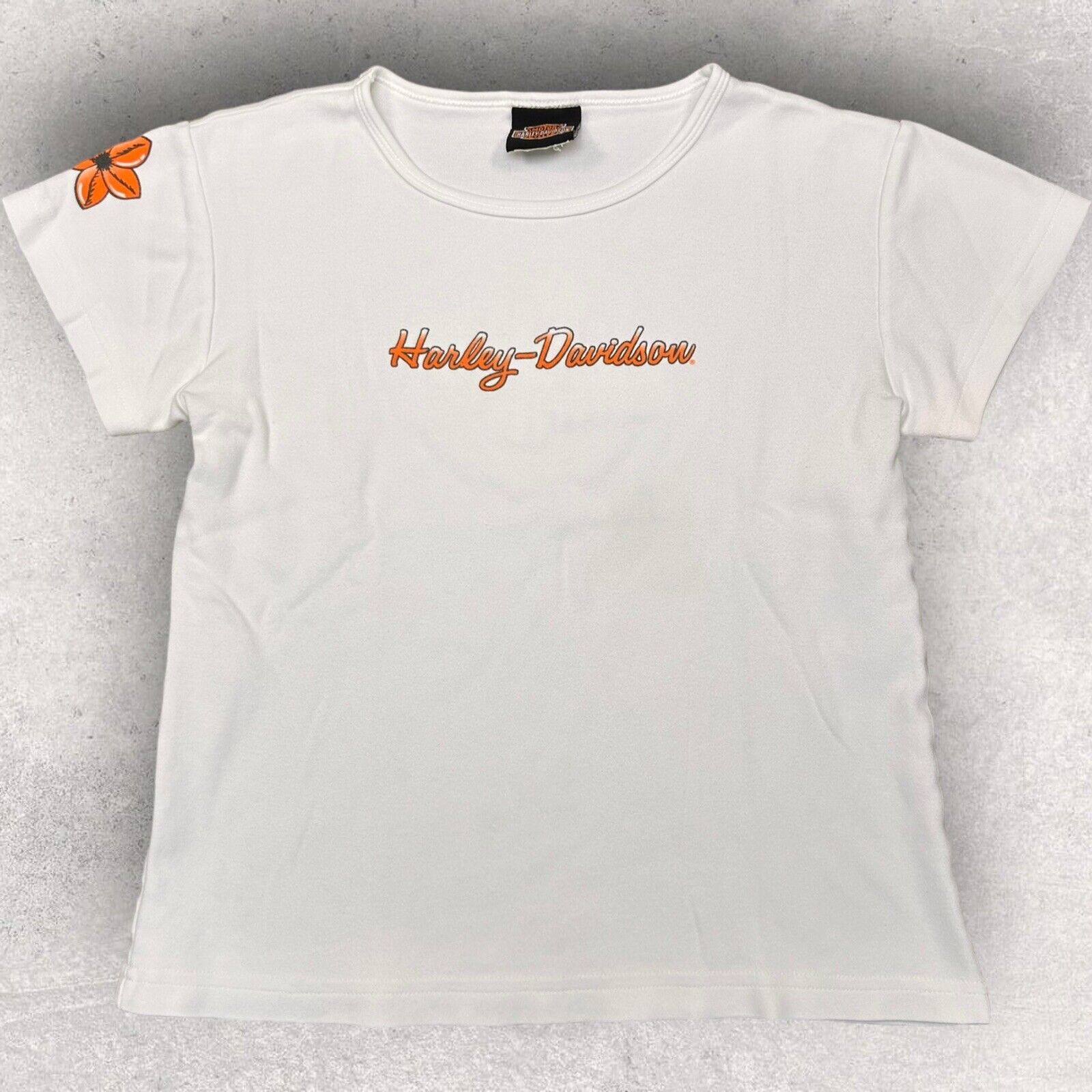 VTG Y2K 2000 Harley-Davidson White Hibiscus Floral T-Shirt Women's Fits S/M
