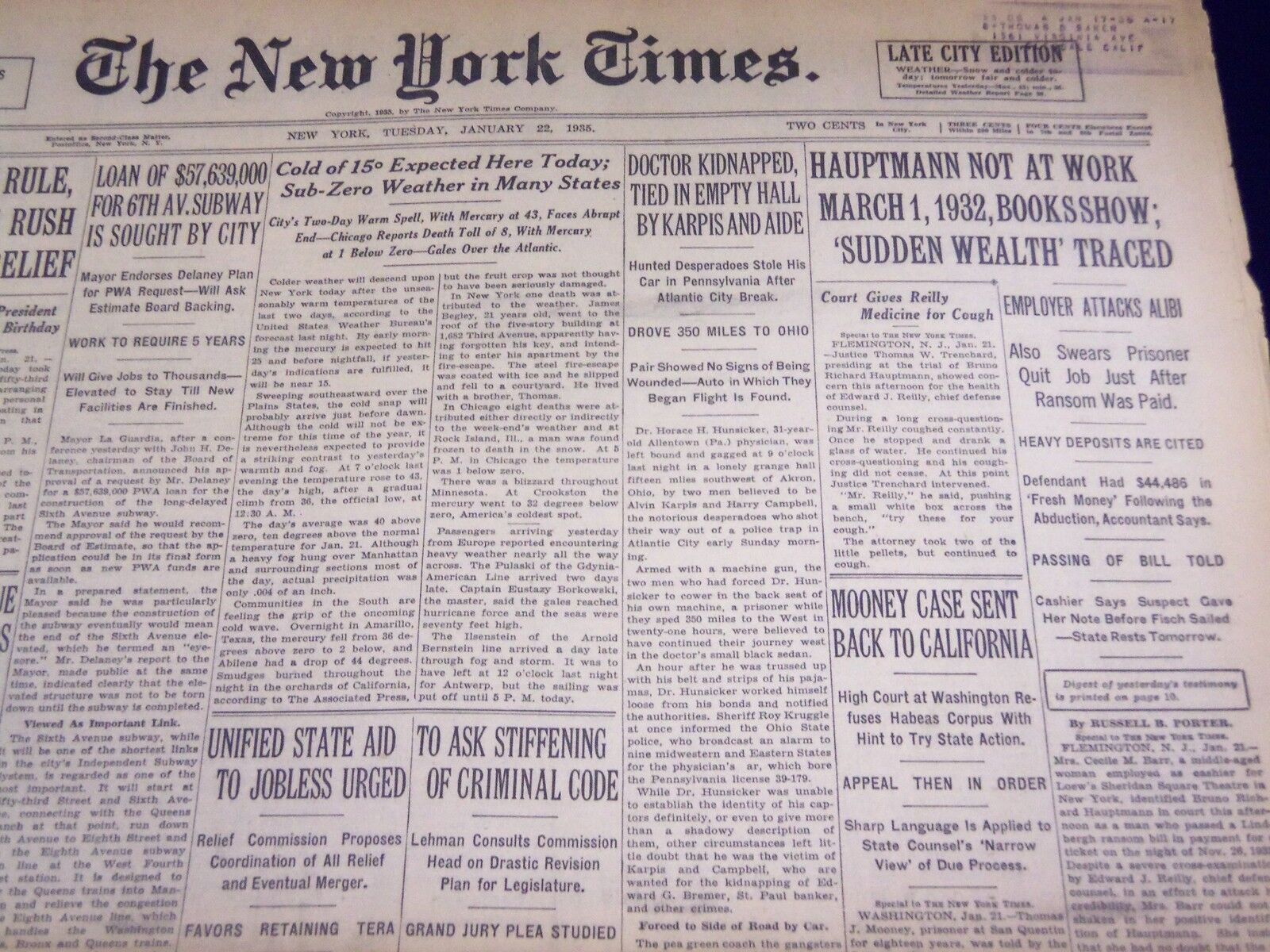 1935 JAN 22 NEW YORK TIMES - HAUPTMANN SUDDEN WEALTH TRACED - NT 1945