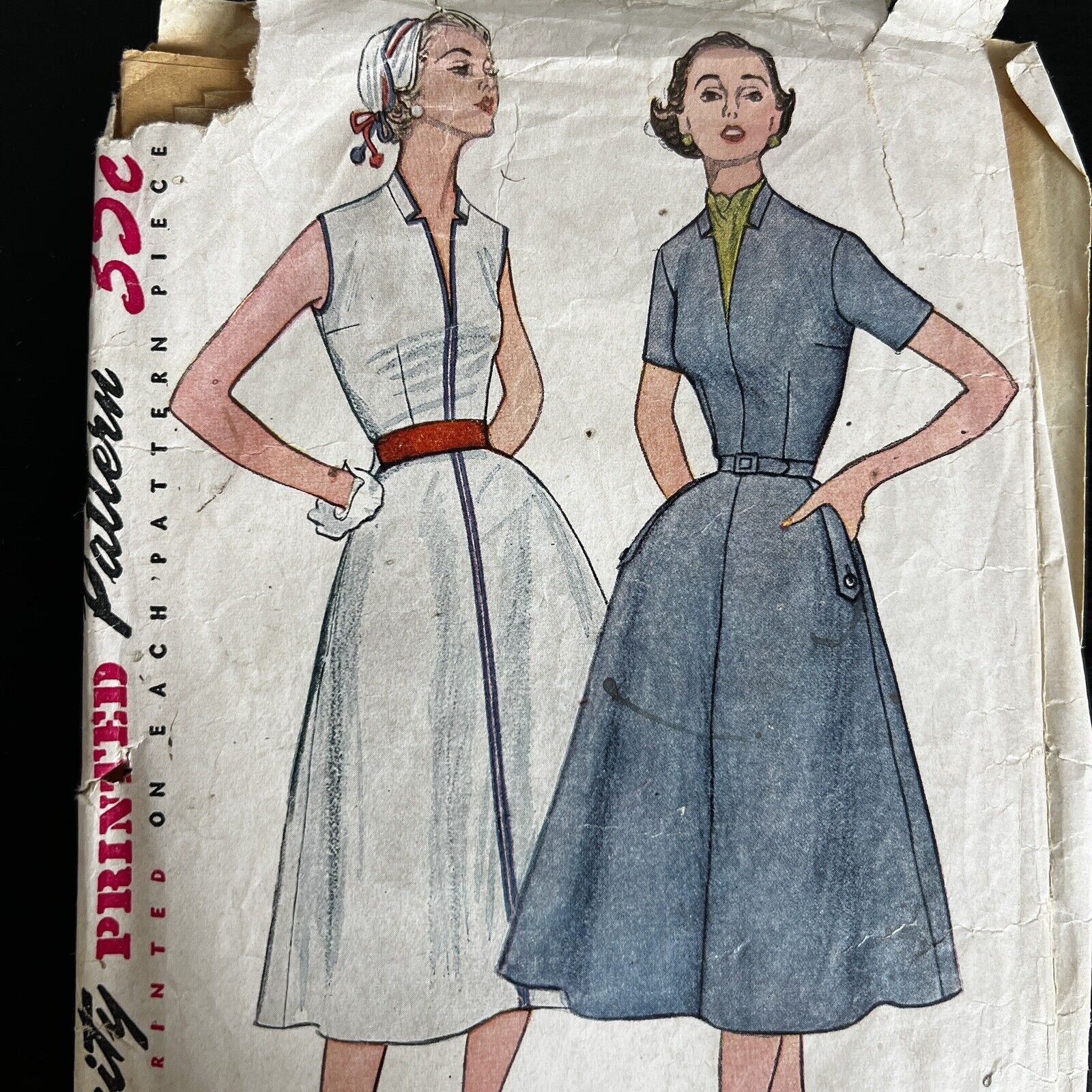Vintage 1950s Simplicity 4355 Fitted Bodice Collared Dress Sewing Pattern 16 CUT