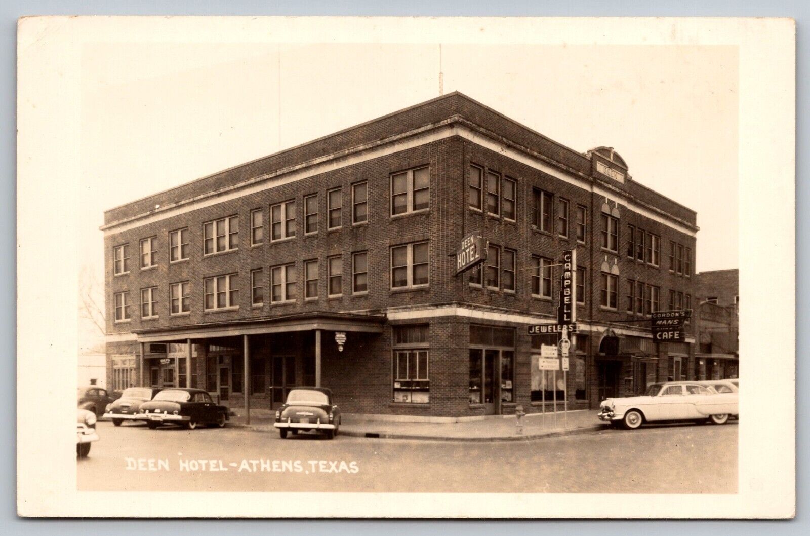 RPPC Deen Hotel Athens Texas Cafe Campbells Jewelers Cars