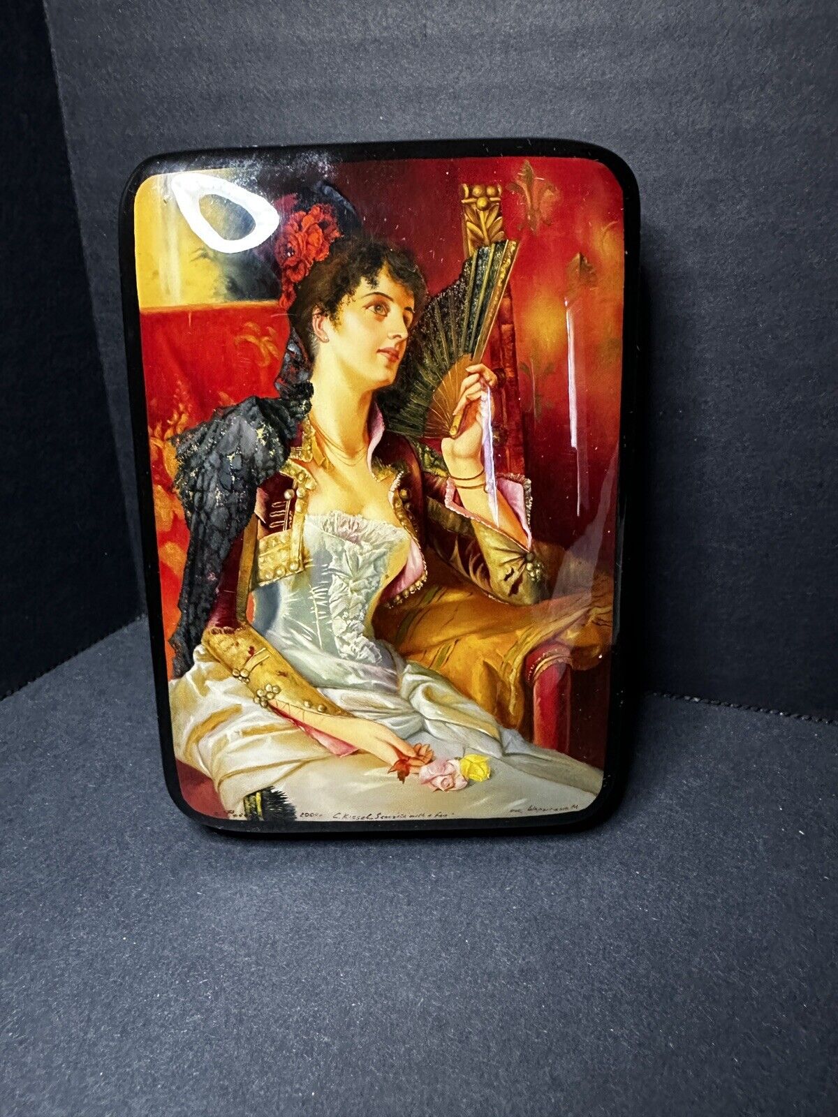 Russian Lacquer Box, Hand Painted Señorita With A Fan, Pearl Inlay SIGNED