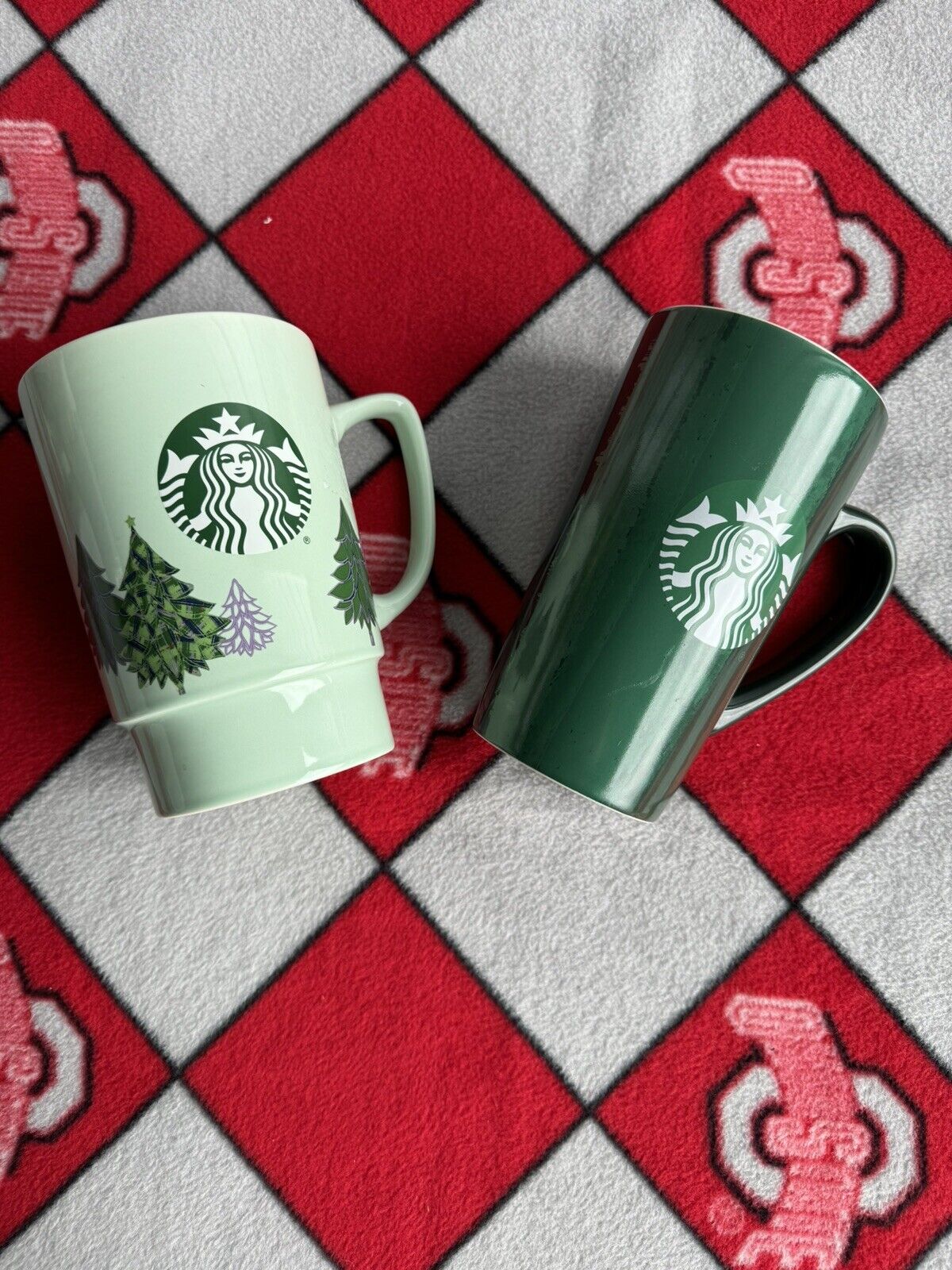 Starbucks 2020 2021 Tall Green and Red  Christmas Cup Holiday Trees Lot of 2