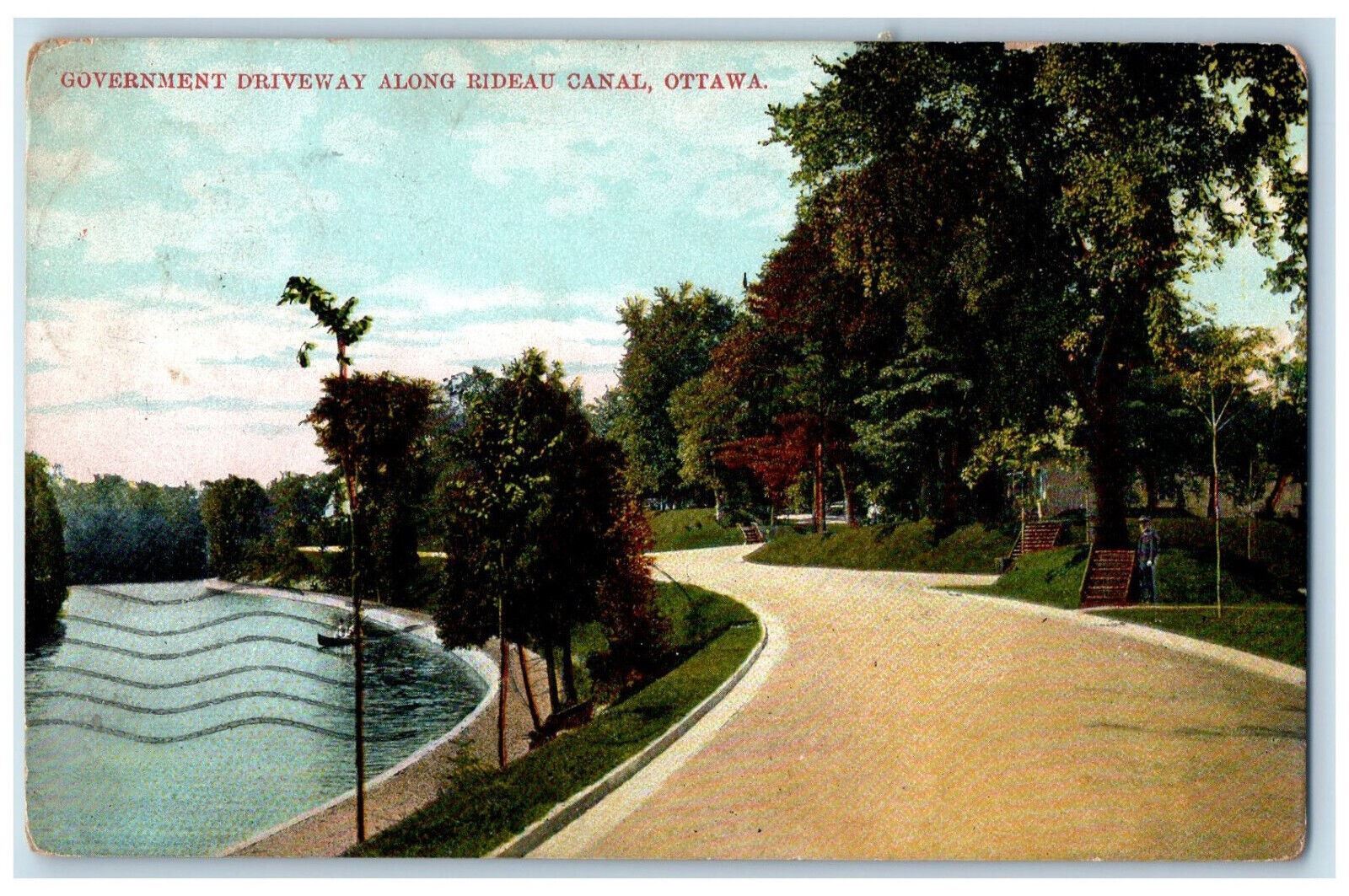 c1910 Boat Scene, Government Driveway Along Rideau Canal, Ottawa Canada Postcard