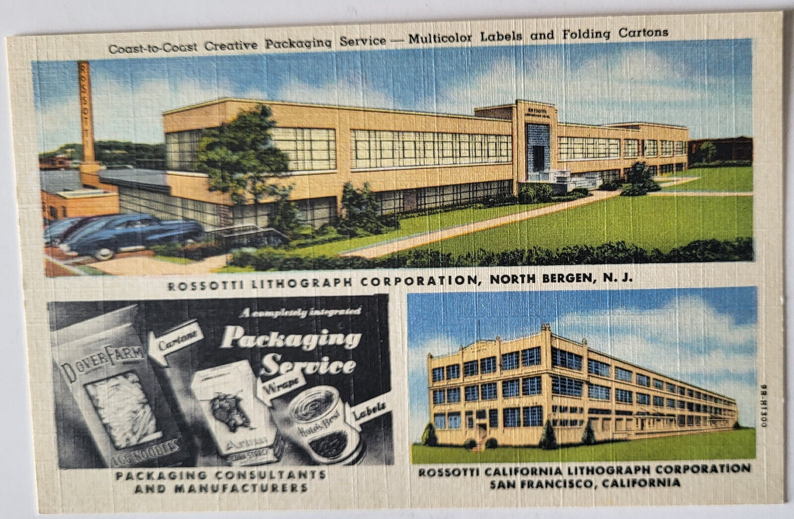 1949 ADVERTISING PC ROSSOTTI LITHOGRAPH CORP NO BERGEN NJ SAN FRANCISCO CA MINT*