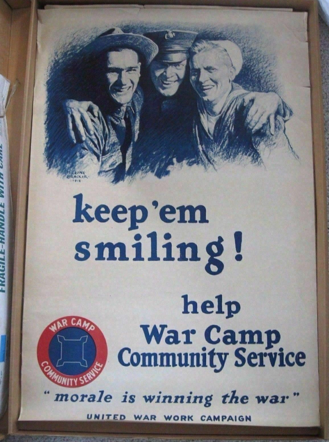 Original 1918 WWI United War Work Camp Poster Army Nay Marines Keep \'Em Smiling